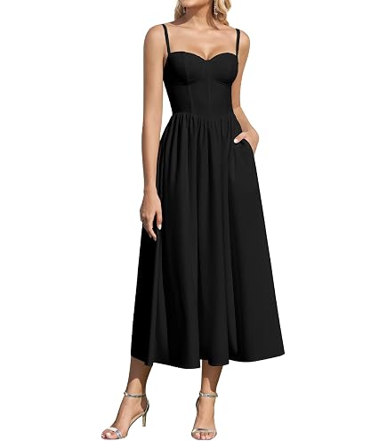 Summer Corset Midi Dress Formal Flowy A Line Lace Spaghetti Strap Wedding Guest Dresses for Women Sundress with Pockets Black : Clothing, Shoes & Jewelry
