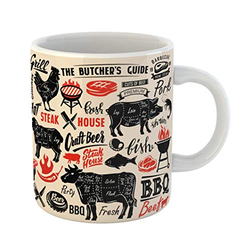 Emvency Coffee Tea Mug Gift 11 Ounces Funny Ceramic Beef Meat Steak House Scheme Lettering Cut Pig Gifts For Family Friends Coworkers Boss Mug
