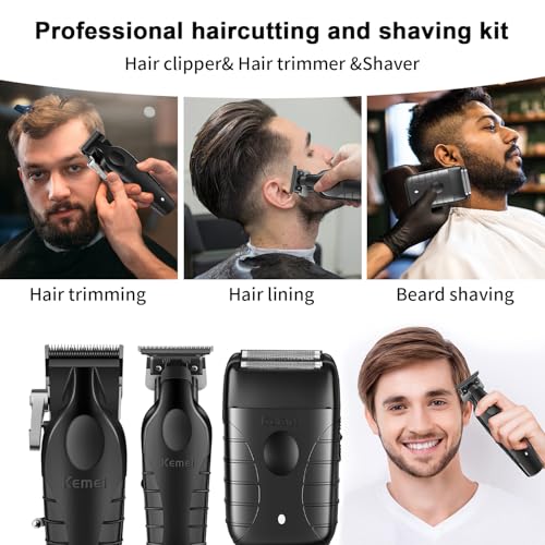 KEMEI Professional Hair Clipper for Men, Cordless T Blade, Complete Hair Cutting Kit with 11 Guides, Fast USB Rechargeable