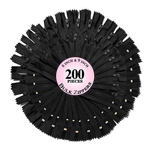 KGS Nylon Zippers in Bulk for Sewing Crafts | 2 Sizes | 200 pcs/Pack (Black, 9 Inch + 6 Inch)