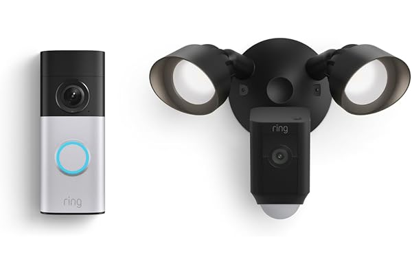 Ring Wired Doorbell Plus (Newest Model), Nickel Silver with Floodlight Cam Plus, Black