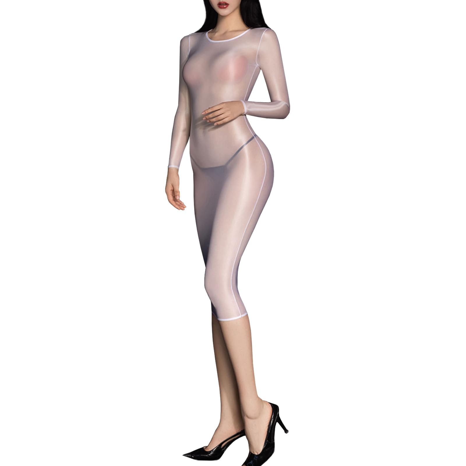 RUIBAVYA Bodysuits for Women Glossy Nylon Bodystocking Shiny Tights Long Sleeve Catsuit Oily Pantyhose