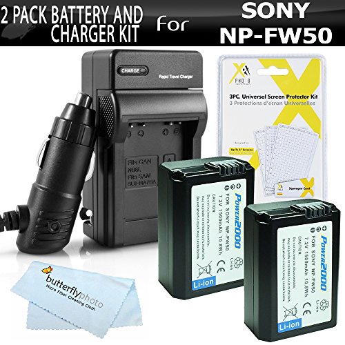 2 Pack Battery And Charger Kit For Sony Alpha a6000, a6300, a6500, a5000, a5100, Alpha a7, QX1 Interchangeable Lens SLR Camera Includes 2 Extended Replacement NP-FW50 Batteries + Ac/Dc Charger + More