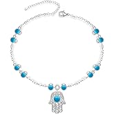 Talonior Anklets for Women S925 Sterling Silver Hand of Fatima Charm Dainty Evil Eye Hamsa Hand Anklet Adjustable Turquoise Jewelry Mothers Day Gifts for Mom