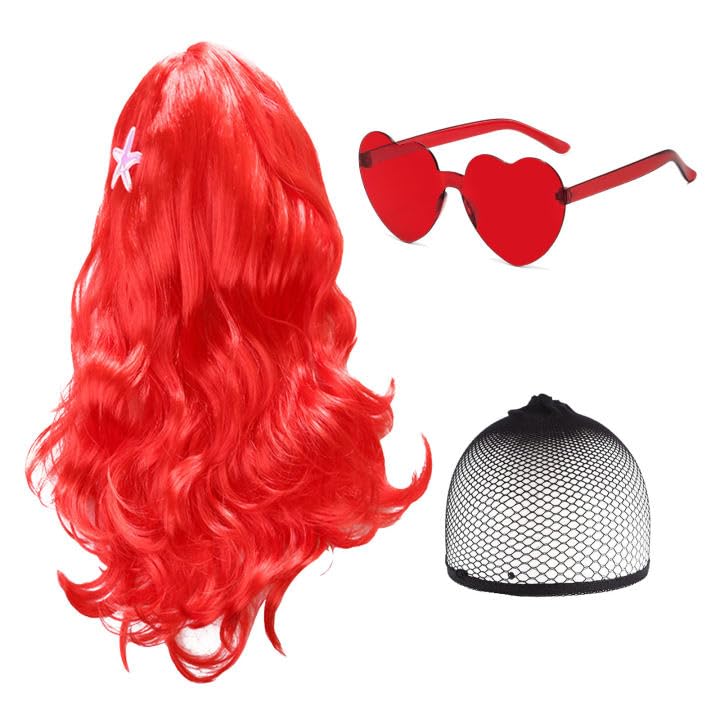 TSHAOUN Red Wigs for Women Long Curly Wavy Ladies Fancy Dress Wig Mermaid Costume Wigs Red Sunglass, Synthetic Hair Wigs Heat Resistant Full Wig Cosplay Halloween for Adult Kids Themed Party (Red)