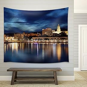 City of Malaga Illuminated at Dusk. Andalusia, Spain - Fabric Wall Tapestry Home Decor - 51x60 inches
