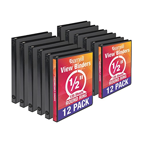 Samsill Economy 3 Ring View Binders, .5 Inch Round Ring, Customizable Clear View Cover, Black, Bulk Binders - 12 Pack