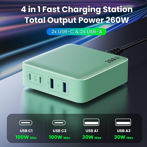 USB C Charger 260W,4-Port Fast Charging GaN Desktop USB C Charging Station,100W USB C Laptop Adapter Compatible with MacBook Pro/Air, iPad Pro,Dell XP MEKIOJEO Aluminum Alloy 260W USB C Charger GaN Charger Fast USB C Charging  Station 7 Ports 65W Laptop Charger for MacBook Pro⁄Air⁄iPad Pro⁄iPhone