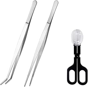 kathson Aquarium Tweezers Extra Long 15 inches, Reptile Feeding Tongs Stainless Steel Straight and Curved Tweezers Cricket Clamp Bug Scooper for Snake Lizard Gecko Spider Bearded Dragon (3 Pcs)