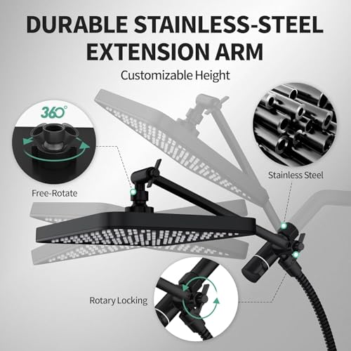 12 Inch Wide Rain Shower Head with Filtered Handheld Combo, High Pressure Rainfall Shower Head, 9 Spray Modes Handheld with 9-Inch Extension Arm, Comes with Filter Removes Chlorine(Black)