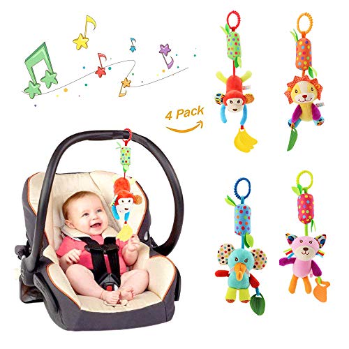 Baby Hanging Rattle Toys for 0 3 6 to 12 Months Toys | 4 Pieces Newborn Car Crib Hanging Bell,Kids Stroller Handbells Puppet,Infant Animal Wind Chime with Teethers for Toddlers/Baby Girls/Baby Boys