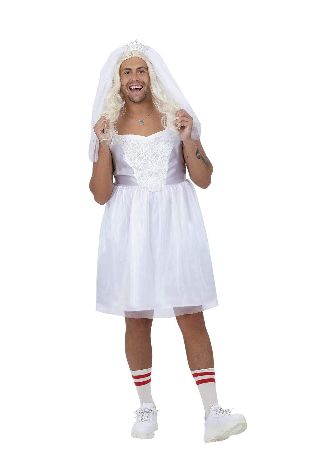 Smiffys Men's Stag Do Bride Costume – Funny Wedding Dress for Men with Veil & Tiara – Novelty Fancy Dress Outfit for Stag Nights, Bachelor Parties, Groom-to-Be Pranks & Comedy Cross-Dressing – Medium
