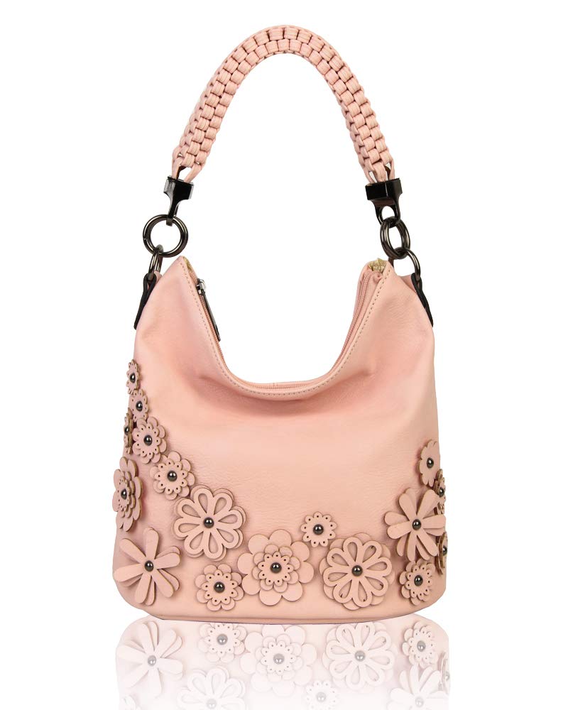 Redfox Womens Braided Handle Strap 3D Effect Floral Hobo Tote Bag/Shoulder Handbag (Pink)