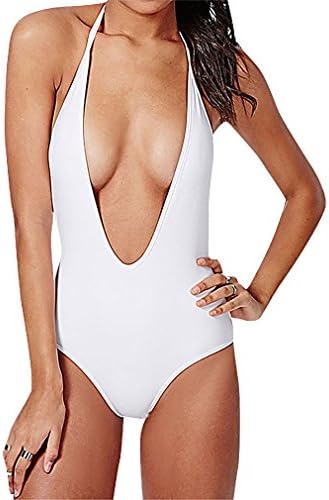 BKNY, Women's One Piece Backless Deep V Plunge Neck Strap Solid Color Monokini, White S (Manufacturer size M)