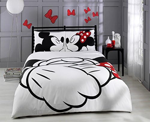 Deconation 100% Cotton 6-pcs Duvet Cover Set Full Queen Size Disney Minnie Loves Kisses Mickey Mouse Heart Theme Bedding Linens Quilt Doona Cover Sheets