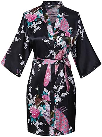 Kissria Women's Kimono Robes Peacock and Blossoms Short Style Silk Nightwear