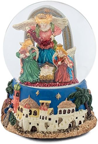 Harp and Lyre Angels Nativity 100MM Christmas Music Water Globe Plays Tune Oh Little Town of Bethlehem