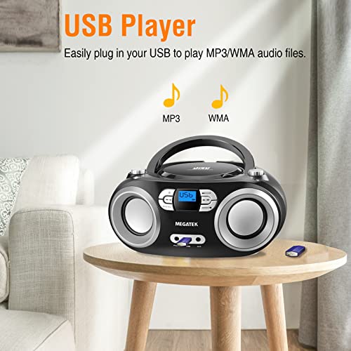 MEGATEK Portable CD Player Bluetooth Boombox with FM Radio, USB, Aux