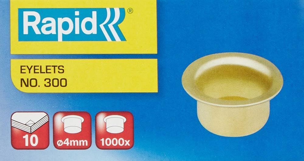 Rapid 300/4mm Eyelet Staples, For Fastening up to 10 Sheets, 4mm Diameter, Use with Eyelet Pliers, Brass, Box of 1000, 31073008