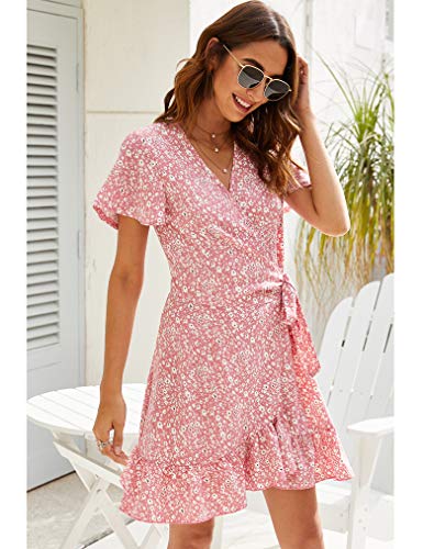 Naggoo Women's Summer Wrap V Neck Polka Dot Print Ruffle Short Sleeve Mini Floral Dress with Belt - Image 4