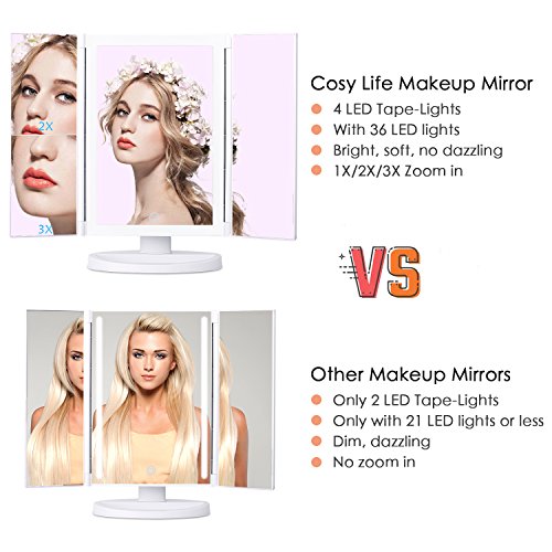 Makeup Vanity Mirror 36 Natural 4 LED Taped- Lights Newest Tri-fold Mirror with Touch Screen and USB Charging/AAA Batteries, 180°Rotation Adjustable Stand freely on countertop, 1X/2X/3X Magnification - Thumbnail 2