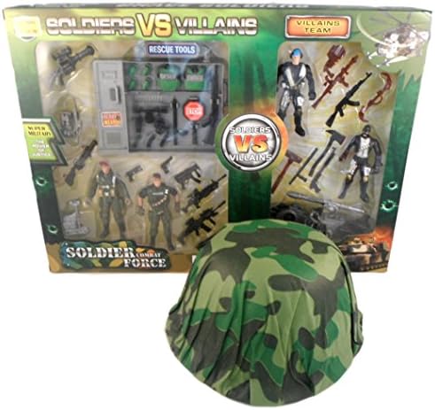 Army Toy Soldier Bundle of 2 Items: Soldiers Vs. Villans Playset and Green Camo Combat Helmet