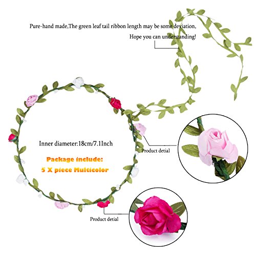 Bohemia Flower Crown Floral Headpiece - AWAYTR 5 PC Multicolor Women Girl Flower Headband Bridal Headdress Wedding Hair Accessories (Mix-color)