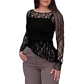 CHICME Womens Long Sleeve Mesh Top Round Neck Lace Floral See Through Blouses Casual Asymmetrical Shirt (Without Tank)