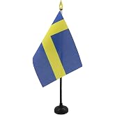 AZ FLAG Sweden Table Flag 4x6 in 100D Polyester Plastic Base | Indoor use Swedish 15x10 cm desk flag Sverige stitched finish with reinforced edges with plastic pole and gold finial
