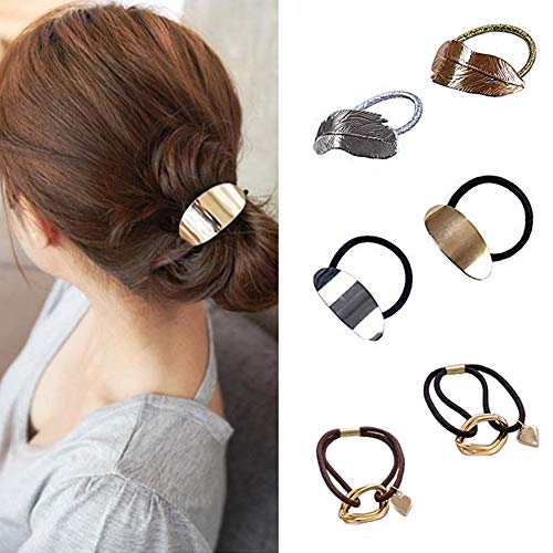 Shuxy 6PCS High Ponytail Holder Metal Leaf Hair Band Rope Wrap Alloy Punk Hair Cuff Elastic Hair Clips Metal Hair Ties Metallic Headwear Holder Fashion Hair Accessories for Ladies Toddler Thick Hair