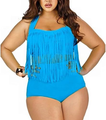 Hihihappy Trendy Women's Plus Size High Waist Two Piece Fat Tassel Swimsuits Bikini Set 3XL Deep Lake deeplakeXXX-Large Sexy