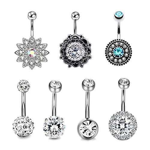 JDXN 3PCS14G Stainless Steel CZ Opal Belly Button Rings Navel Barbell Piercing Body Jewelry For Women (Silver Style 1/7pcs/set)
