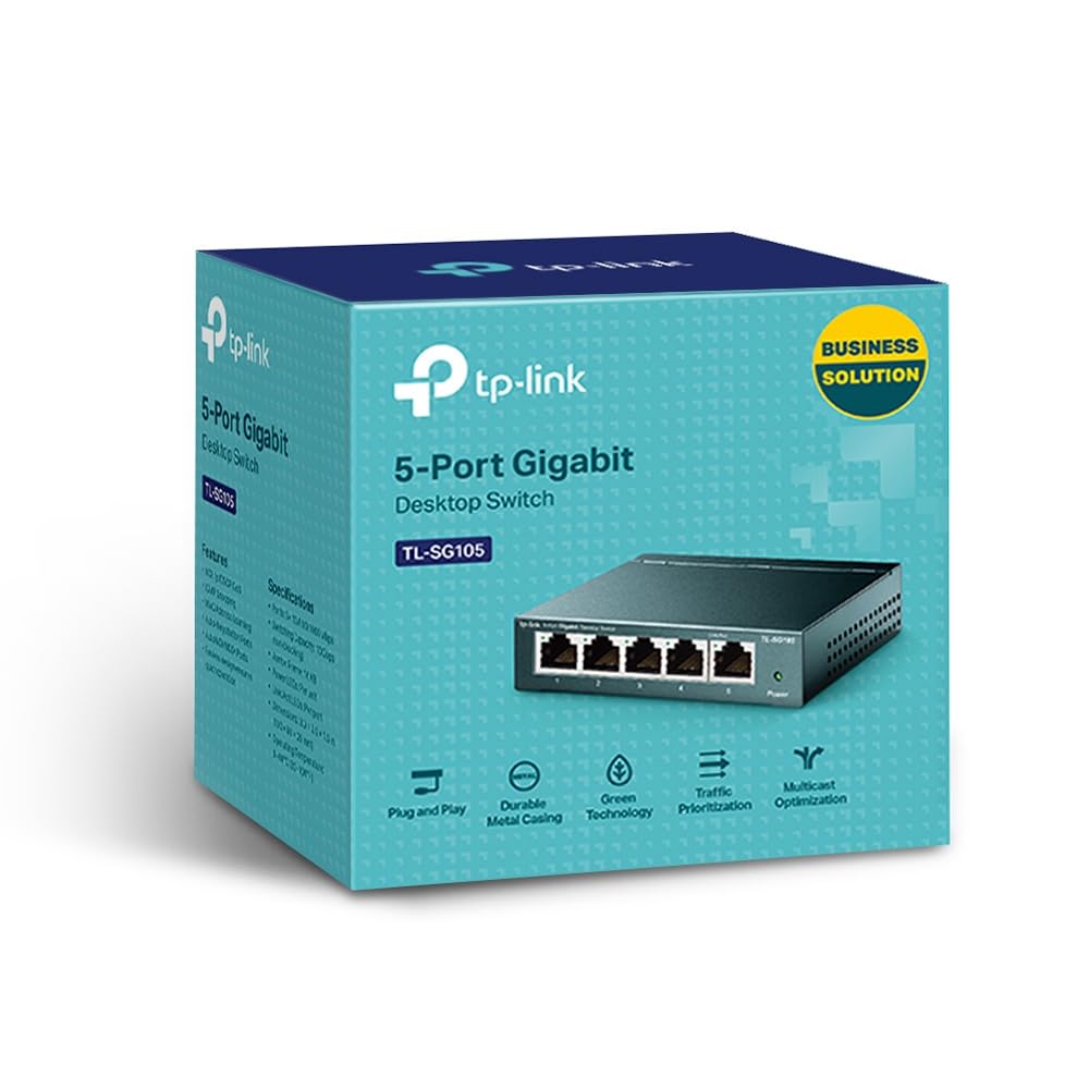 TP-Link TL-SG105, 5 Port Gigabit Unmanaged Ethernet Switch, Network Hub, Ethernet Splitter, Plug & Play, Fanless Metal Design, Shielded Ports, Traffic Optimization