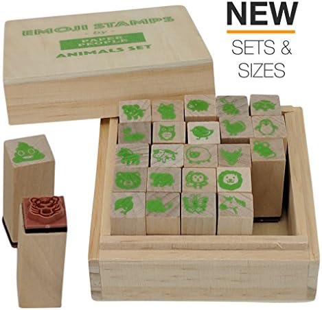 Emoji Animal Stamps 25 Pc Wood/Rubber Stamper Set - Cute Animal Gifts, Perfect for Animal Lover, Small Animal Stamps Include: Farm Animal, Jungle, Zoo, Dog, Cat, Owl, Monkey, Unicorn, Poo Stamps