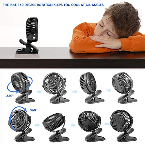 Dozod Battery Operated Clip on Personal Fan, Portable Mini Desk Fan, Super Quiet, 3 Speed, USB Powered Clip on Fan for Baby Stroller Carseat Office Outdoor