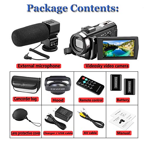 Video Camera Camcorder KENUO Full HD 1080P 30FPS 24MP Vlogging Digital Camera With Lens Hood 3.0 Inch Screen 16X Digital Zoom Camcorder Recorder YouTube Webcam For Live Streaming Camera with Microphon