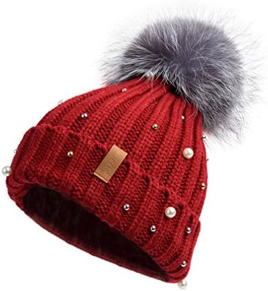 Women Knit Beanie Hat with Fur Pompom Winter hat for Women Ski Cap