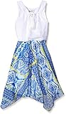 Emily West Big Girls Crochet Bodice Chiffon Skirt Dress with Braided Tassel, White/Blue Multi, 10