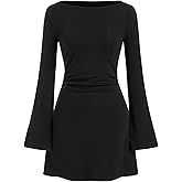 CIDER Polka Dot Dress Women Mini Dress Long Sleeve Boat Neck High Waist Bell Sleeve Ruched A Line