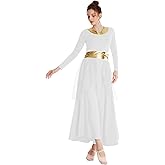 MYRISAM Women Praise Dance Robe Liturgical Worship Metallic Waistband Long Sleeve Dress Chiffon Skirt Lyrical Costume