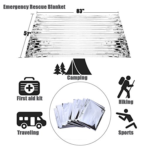 RISEN Emergency Blankets(5-Pack) with Waterproof Silver Mylar and up to 90% Heat Retention Thermal Blankets for First Aid Kit,Outdoors Survival,Camping,Hiking,Sports(51" x 83")