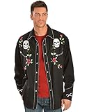 Scully Men's Skull and Roses Embroidered Retro Western Shirt Black Large