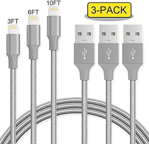 Phone Charger Cable Novtech 3 Pack 3ft 6ft 10ft Charging Cord USB Cable Fast Charging Cord Compatible with Phone X 8 8 Plus 7 7 Plus 6s 6s Plus 6 6 Plus 5s 5c 5 Pad Air Pad Mini Pod Gray