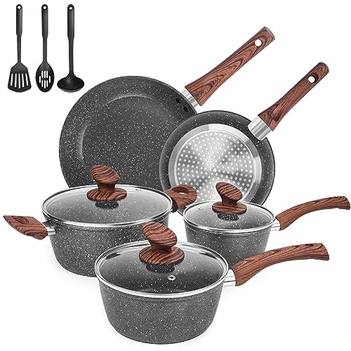 M MELENTA juego de ollas y sartenes antiadherentes, juego de ollas de granito de inducción, bateria de cocina antiadherente 11 piezas, ollas de cocina, color gris oscuro