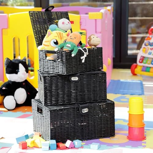 Homodoskey Set of 3 Woven Storage Basket Box Wicker Hamper Stackable Bin with Lid & Lock, Built-in Carry Handles, Organizer for Nursery, Baby Closet, Diaper, Toys, Home, Office, Laundry, DVD (Black)