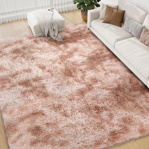 FVVRAX Ultra-Plush Shaggy Area Rug for Bedroom & Living Room 180x270cm – Machine Washable Luxury Tie-Dye Carpet, Non-Slip Fluffy Floor Mat for Cosy Homes, Nursery & Dorm Decor, Camel
