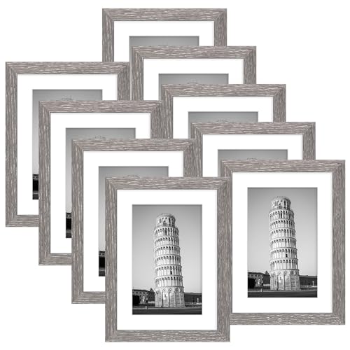 Wiscet 5x7 Picture Frame Set of 9, Display Pictures 4x6 with Mat or 5 x 7 Without Mat, Photo Frame for Wall Mounting or Tabletop Display, Grey.