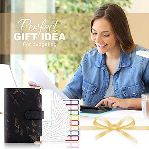 TAOPE Classeur Budget avec Enveloppe Budget, Classeur A6 Budget Planner Sets en PU Cuir, Carnet Budget 6 Anneaux Remplissable avec Pochettes Transparentes, Organisateur Enveloppe Budget Marbre Noir