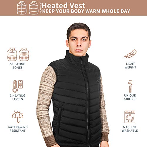 NUNEWARES 5V Heated Vest USB Charging Electric Lightweight Size Adjustable Heated Jacket for Men Women Outdoor Hiking Motorcycle Travel Fishing Golf (Battery Not Included) (Black, Large)