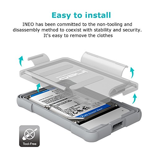 ineo Tool-less 2.5" USB3.0 Rugged Waterproof & Shockproof IP66 External Hard Drive Enclosure for 2.5 inch 9.5mm & 7mm SATA HDD SSD (MIL-STD 810 Certified) [T2571] - Thumbnail 2
